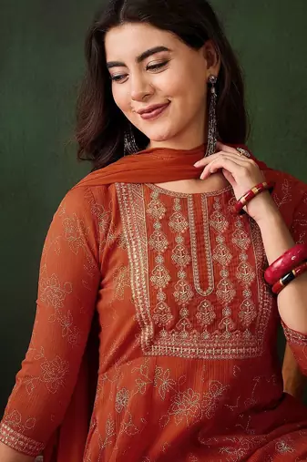 Floral printed zari anarkali kurta with trousers & dupatta