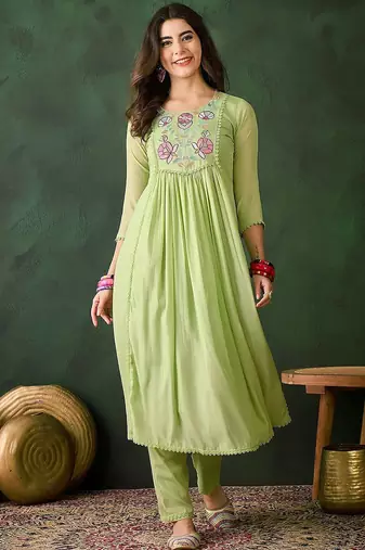 Embroidered thread work anarkali kurta with trousers