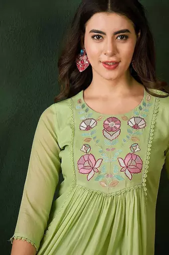 Embroidered thread work anarkali kurta with trousers