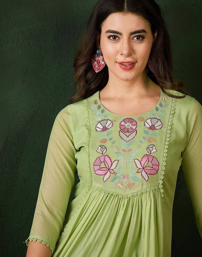 Embroidered thread work anarkali kurta with trousers