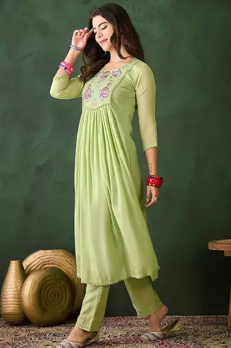 Embroidered thread work anarkali kurta with trousers
