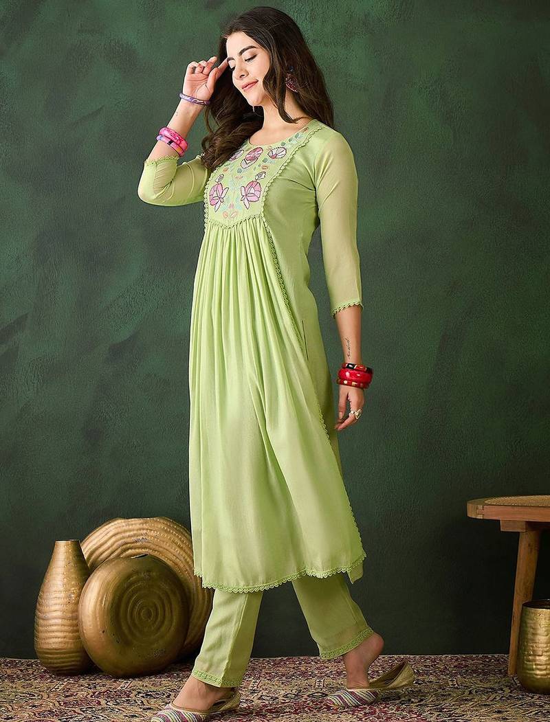 Embroidered thread work anarkali kurta with trousers
