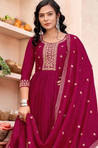 Sequence zari embroidered round neck a-line kurta & trousers with dupatta