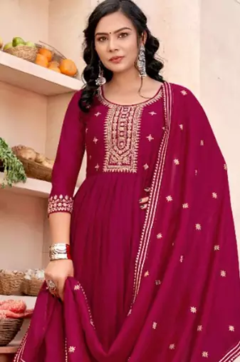 Sequence zari embroidered round neck a-line kurta & trousers with dupatta