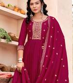 Sequence zari embroidered round neck a-line kurta & trousers with dupatta