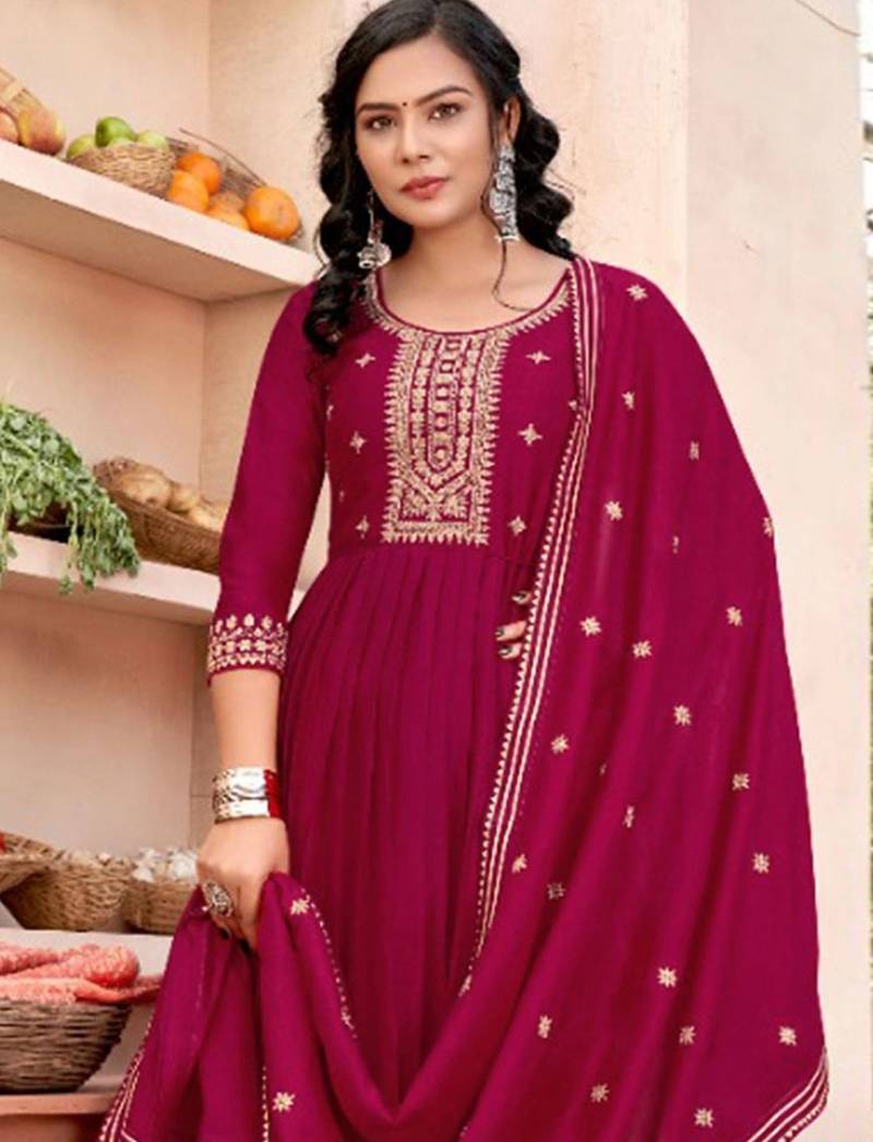 Sequence zari embroidered round neck a-line kurta & trousers with dupatta