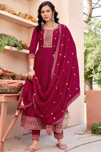 Sequence zari embroidered round neck a-line kurta & trousers with dupatta