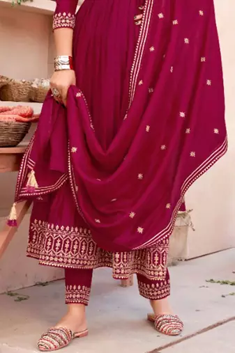 Sequence zari embroidered round neck a-line kurta & trousers with dupatta