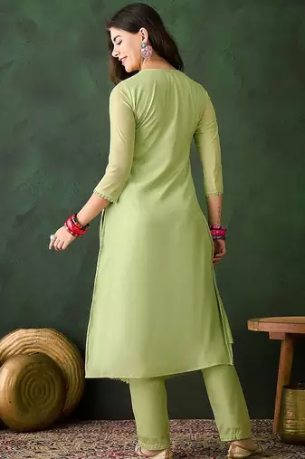 Sequence zari embroidered round neck a-line kurta & trousers with dupatta