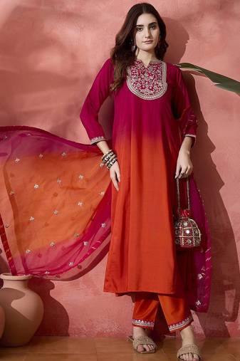 Pink floral embroidered mandarin collar a-line kurta with trousers & dupatta