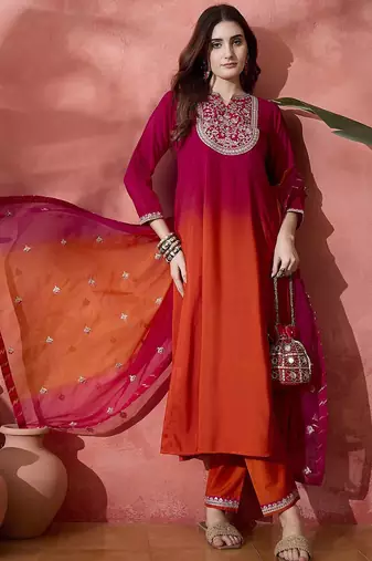 Pink floral embroidered mandarin collar a-line kurta with trousers & dupatta