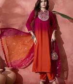 Pink floral embroidered mandarin collar a-line kurta with trousers & dupatta