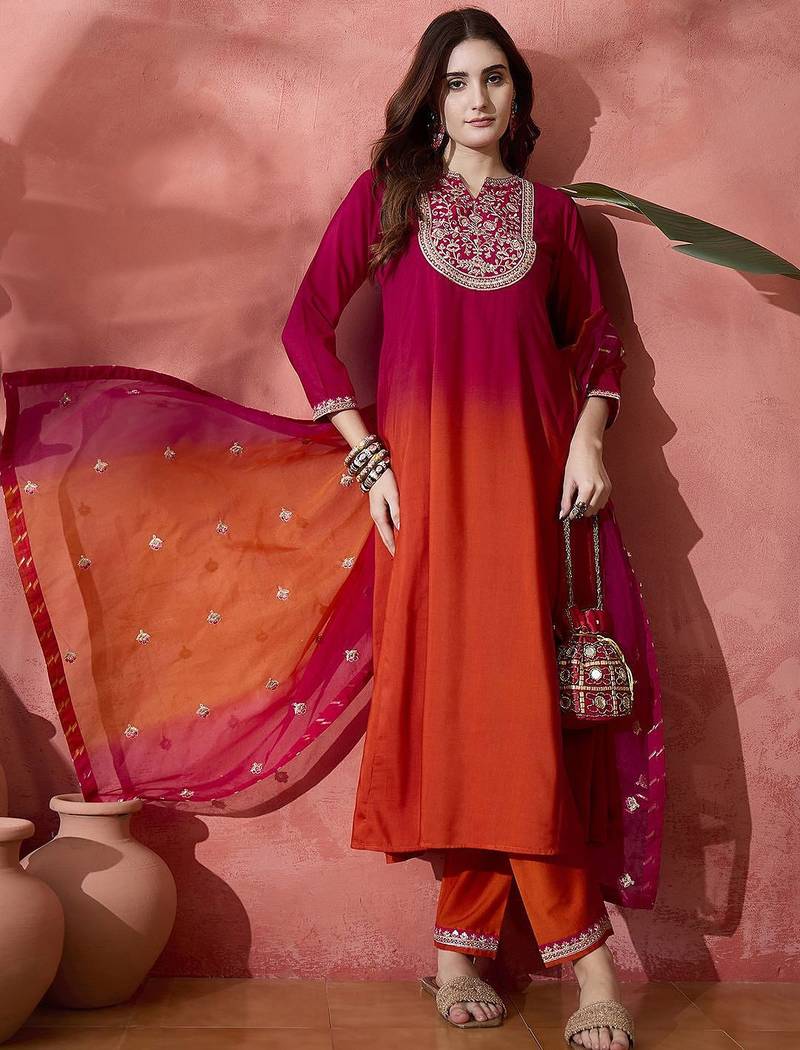 Pink floral embroidered mandarin collar a-line kurta with trousers & dupatta
