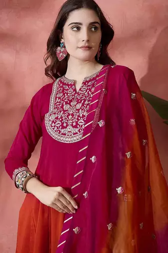 Pink floral embroidered mandarin collar a-line kurta with trousers & dupatta