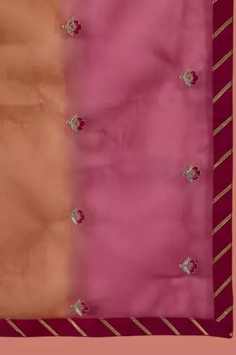 Pink floral embroidered mandarin collar a-line kurta with trousers & dupatta