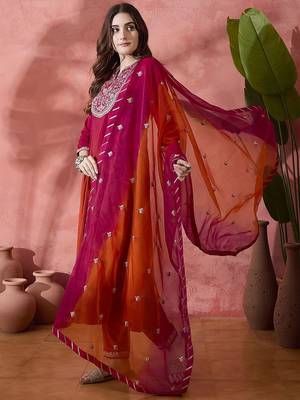 Pink floral embroidered mandarin collar a-line kurta with trousers & dupatta 5