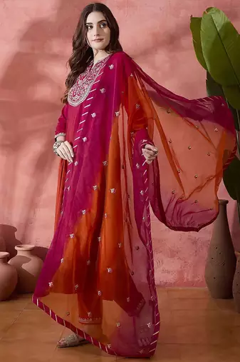 Pink floral embroidered mandarin collar a-line kurta with trousers & dupatta