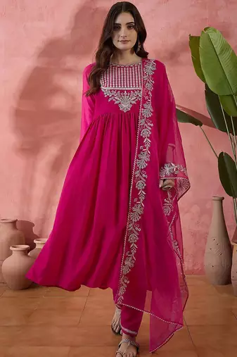 Floral embroidered sequinned pleated a-line kurta with trousers & dupatta
