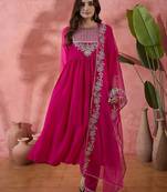 Floral embroidered sequinned pleated a-line kurta with trousers & dupatta