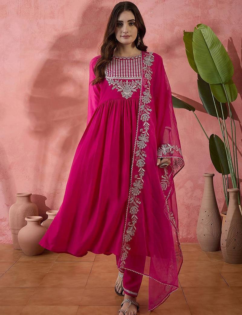 Floral embroidered sequinned pleated a-line kurta with trousers & dupatta