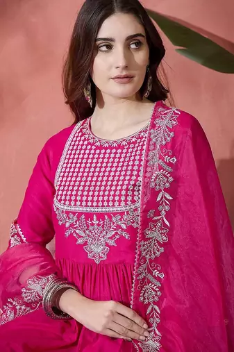 Floral embroidered sequinned pleated a-line kurta with trousers & dupatta