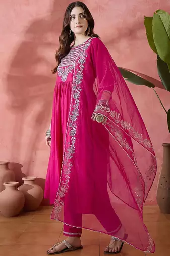 Floral embroidered sequinned pleated a-line kurta with trousers & dupatta