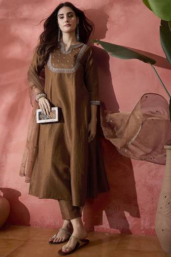 Floral embroidered sequinned  a-line kurta with trousers & dupatta