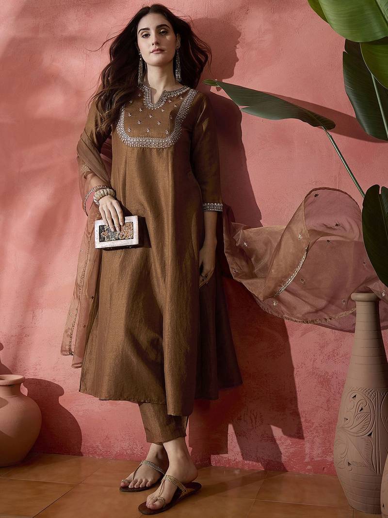 Floral embroidered sequinned  a-line kurta with trousers & dupatta