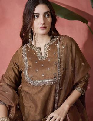 Floral embroidered sequinned  a-line kurta with trousers & dupatta 2