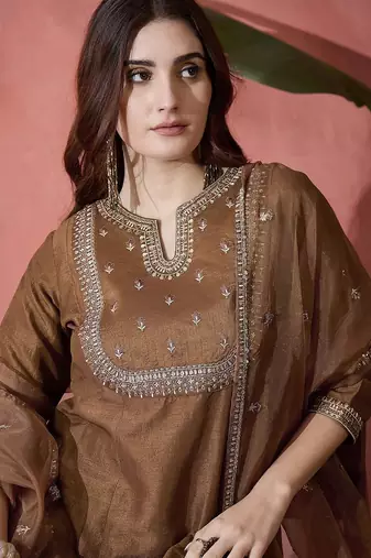 Floral embroidered sequinned  a-line kurta with trousers & dupatta