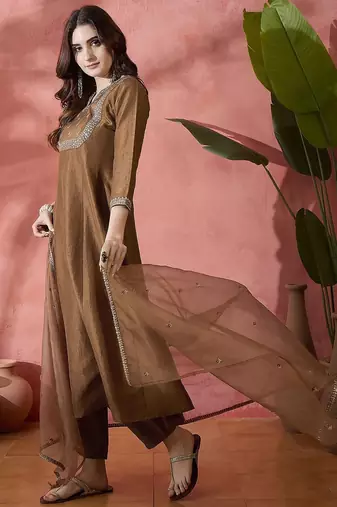 Floral embroidered sequinned  a-line kurta with trousers & dupatta