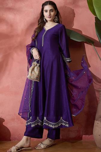 Floral embroidered v-neck a-line kurta with trousers & dupatta