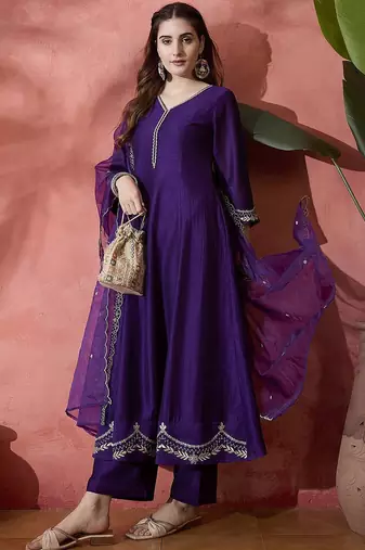 Floral embroidered v-neck a-line kurta with trousers & dupatta