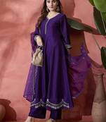 Floral embroidered v-neck a-line kurta with trousers & dupatta