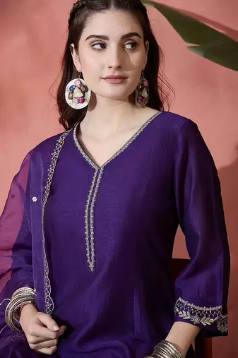 Floral embroidered v-neck a-line kurta with trousers & dupatta