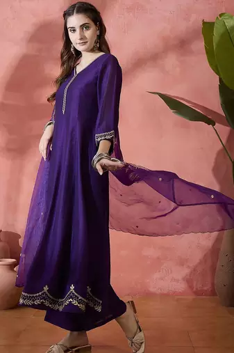 Floral embroidered v-neck a-line kurta with trousers & dupatta