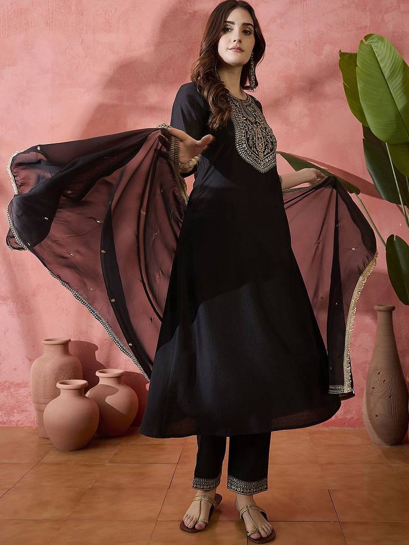 Floral embroidered round neck a-line kurta with trousers & dupatta