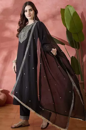 Floral embroidered round neck a-line kurta with trousers & dupatta