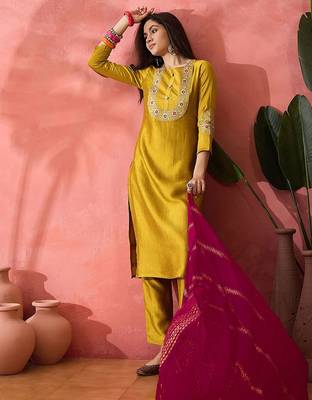 Yellow zari embroidered straight kurta with trouser and dupatta 1