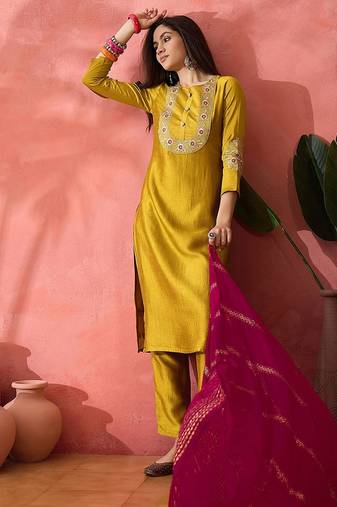 Yellow zari embroidered straight kurta with trouser and dupatta