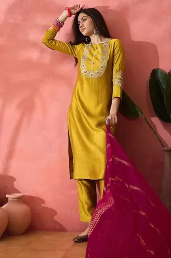 Yellow zari embroidered straight kurta with trouser and dupatta
