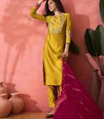 Yellow zari embroidered straight kurta with trouser and dupatta