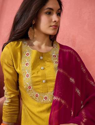 Yellow zari embroidered straight kurta with trouser and dupatta 2