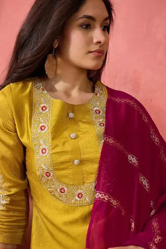 Yellow zari embroidered straight kurta with trouser and dupatta