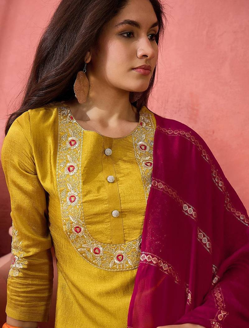 Yellow zari embroidered straight kurta with trouser and dupatta