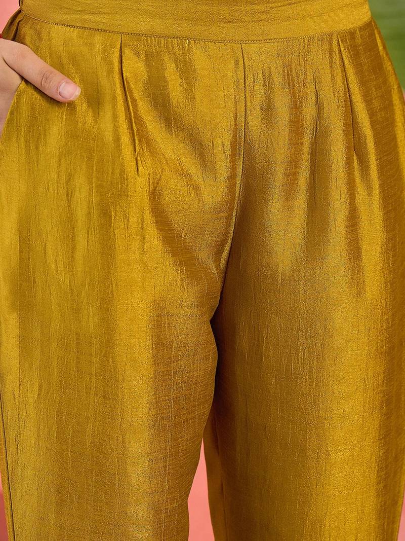 Yellow zari embroidered straight kurta with trouser and dupatta