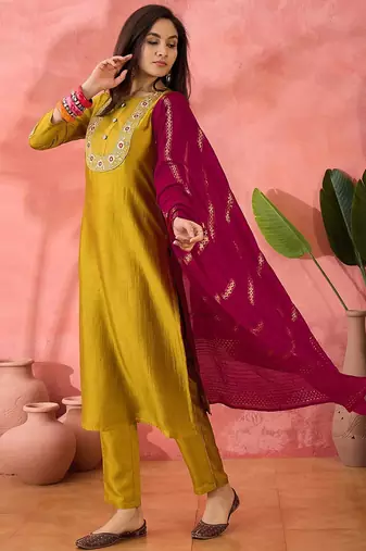 Yellow zari embroidered straight kurta with trouser and dupatta
