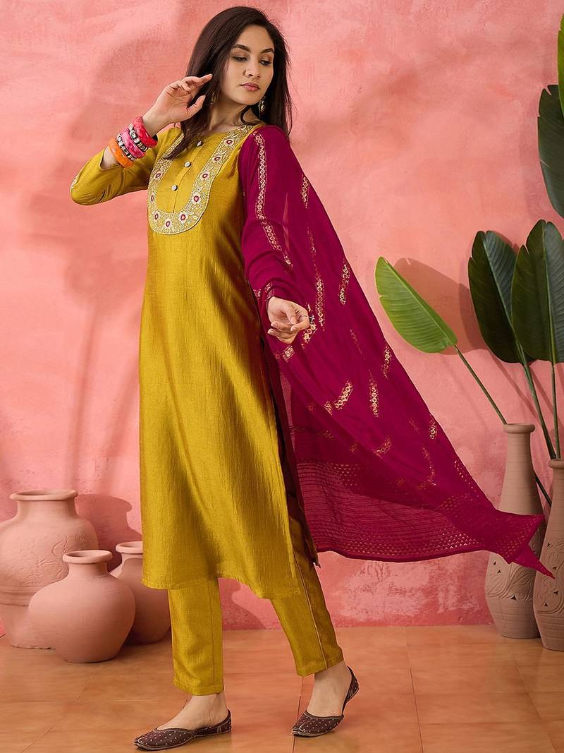 Yellow zari embroidered straight kurta with trouser and dupatta