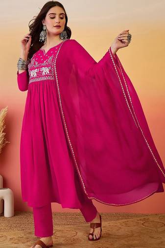 Embroidered notch neck a-line kurta with trousers & dupatta