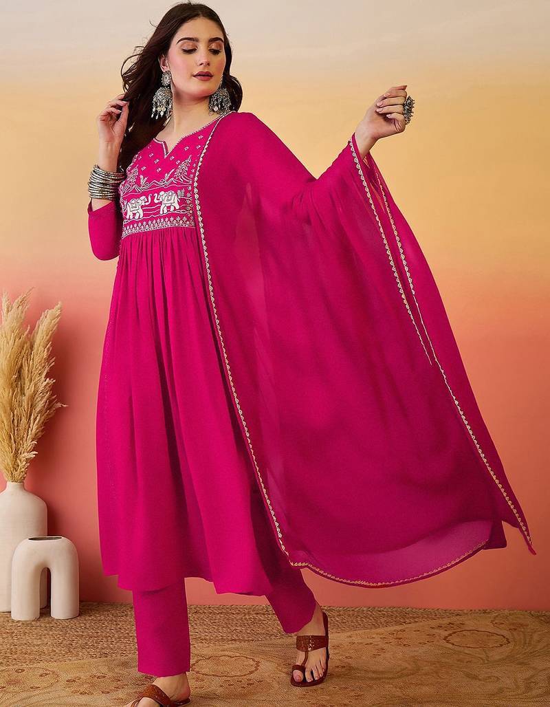 Embroidered notch neck a-line kurta with trousers & dupatta
